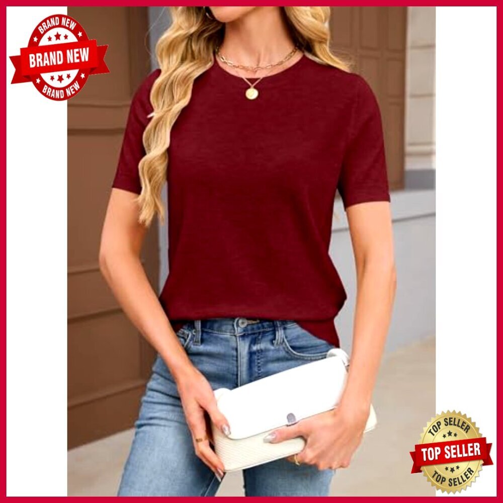 Short Sleeve Wool Blend Sweater Slim Fit Crew Neck Business Casual Top - Picture 4 of 7